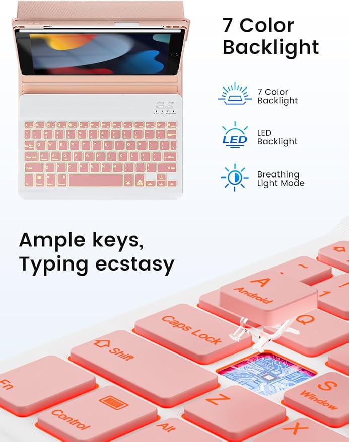 OYEEICE for iPad 9th Generation Case with Keyboard - Detachable Backlit Keyboard - Rotatable Cover with Pencil Holder for iPad 9th/8th/7th Gen, iPad Air 3rd Gen & iPad Pro 10.5" - Pink