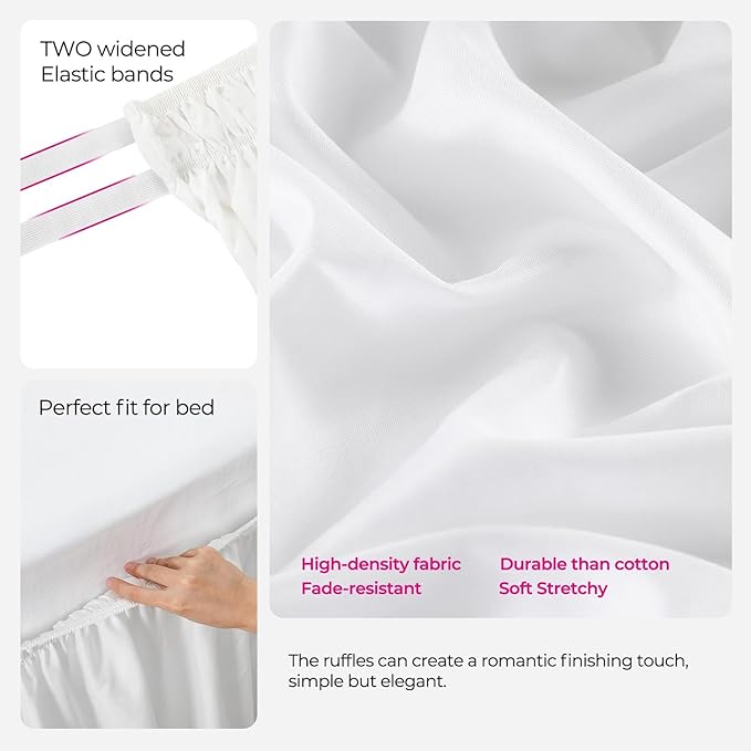 RIMELA White Bed Skirt King Size 15 Inch Drop, Elastic Bed Skirting for Bed Base and Frame, Bedding Dust Ruffle, Lightweight Wrap Around Adjustable Bedskirt, Cal King
