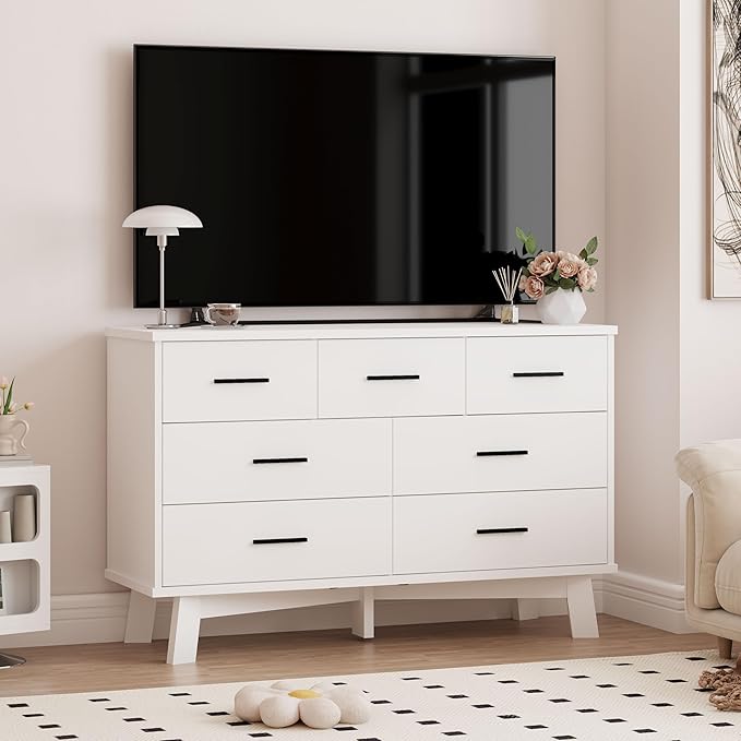 Dresser for Bedroom with 7 Drawer, Wood Modern Chest of Drawers with X-Shaped Sturdy Base, Wide Double Dresser Closet Clothes Storage Organizer, Wooden TV Stand for Living Room, Hallway, White