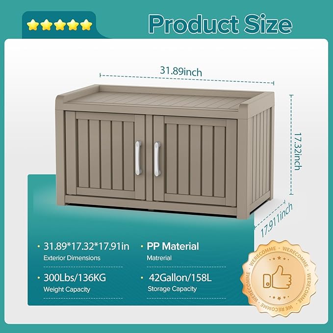 ROJIK Shoe Cabinet Storage Bench Indoor Outdoor, Waterproof UV-Resistant Resin Entryway Furniture with Adjustable Shelves for Hallway, Living Room and Bedroom (Double Door,Grey)