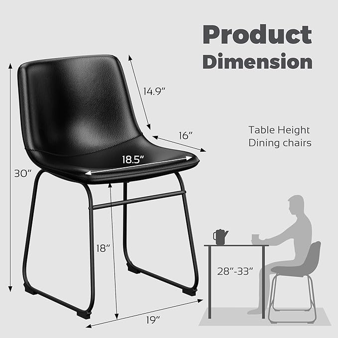 Dining Chairs Set of 8, 18 Inch Faux Leather Kitchen Dining Chairs with Back, Modern Armless Dining Room Chair with Metal Legs for Home Bistro Coffee Shops (Black)