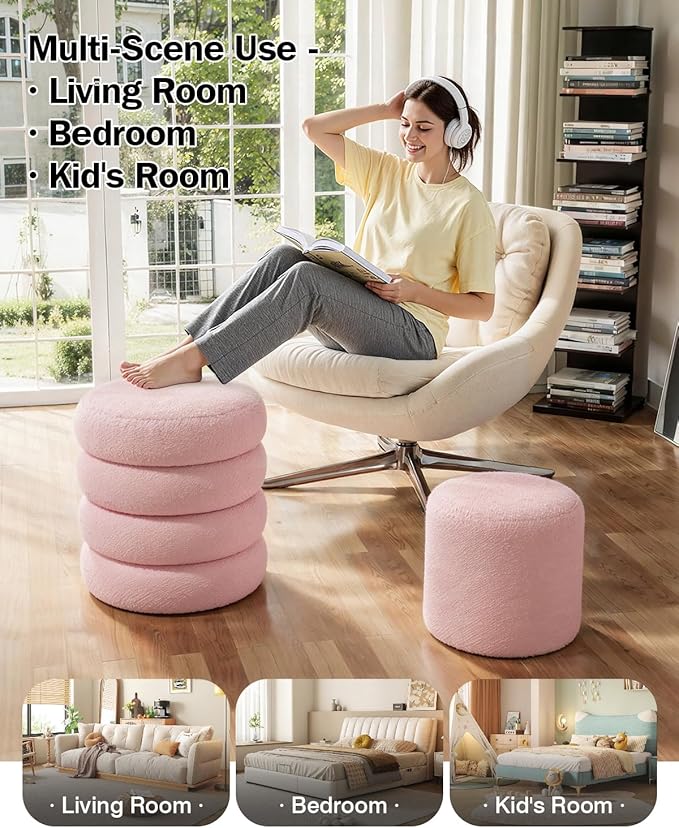 Round Set of 2 Sherpa Storage Ottoman Stool Boucle Vanity Stool Footstool with Removeable lid Load up to 440 lbs for Livingroom Bedroom Pink UASND68P