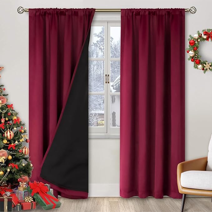 BGment Blackout Curtains for Living Room 84 Inch Length, Christmas Thermal Insulated Full Room Darkening Noise Reducing Rod Pocket Bedroom Curtains，2 Panels， Burgundy Red，52 Inch Wide