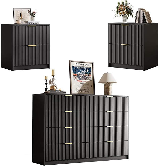 3-Piece Dresser Bedroom Set, 8 Drawer Dresser & 2 Drawer Nightstands with Gold Handles, Fluted Wood Chest of Drawers for Bedroom, Living Room, Entryway, Black