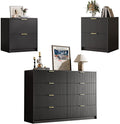 3-Piece Dresser Bedroom Set, 8 Drawer Dresser & 2 Drawer Nightstands with Gold Handles, Fluted Wood Chest of Drawers for Bedroom, Living Room, Entryway, Black