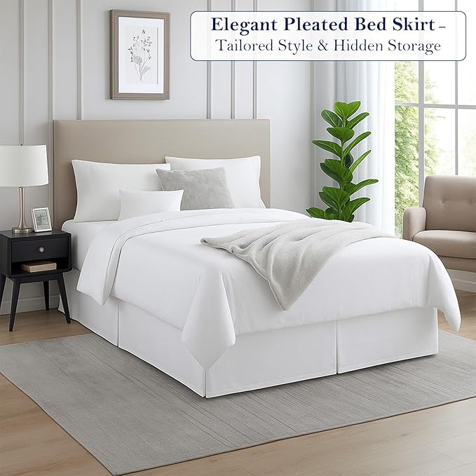 Queen Bed Skirt, Luxury 18 Inch Drop White Pleated Bed Skirt, Double Brushed Microfiber, Box Pleat Design, Wrinkle & Fade Resistant, Easy Fit Tailored Bedskirt for Queen Size Beds