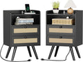SUPERJARE 2 Drawer Night Stand with Charger Station, Boho Rattan Nightstand Set of 2, 25.2 Inch Tall Bed Side Table with Solid Wood Feet, End Table, Open Storage, Synthetic Rattan, for Bedroom, Black