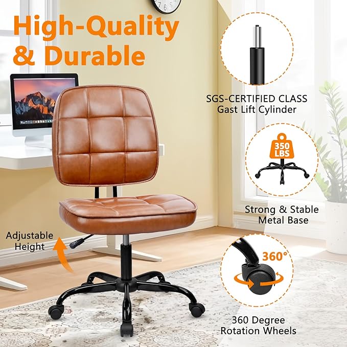 CLATINA Armless Home Office Chair with Lumbar Support and Wheels, Small PU Leather Ergonomic Low Back Desk Chairs No Arms, Adjustable Height 360° Swivel Rolling Computer Task Chair, Brown