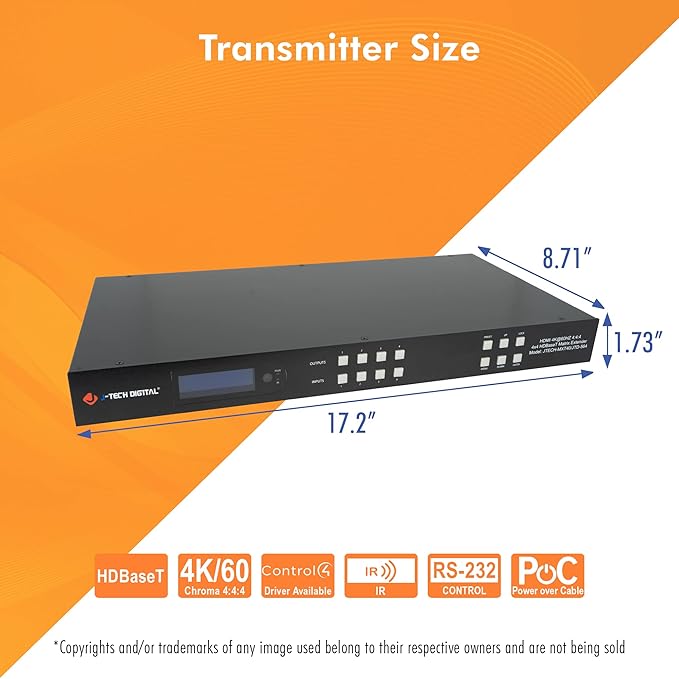 J-Tech Digital HDBaseT 4x4 Matrix Extender Switcher Supports HDMI2.0 HDCP2.2 4K60Hz 4:4:4 HDR Dolby Vison with 4 PoC Receivers, Over Single Cat5e/6 Cable, Control App, Compatible with Control4 Driver