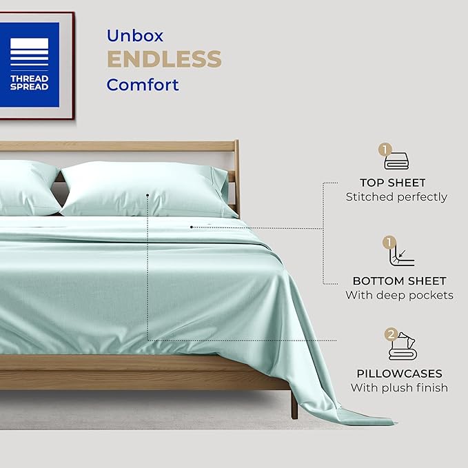 THREAD SPREAD 400 Thread Count King Cotton Sheets - 4 PC King Size Bed Sheet Set Cotton (Sea Foam), Soft, Cooling, Hotel-Quality 16" Deep Pocket Sateen Bedsheet for Hot Sleepers (Fits 18" Mattress)