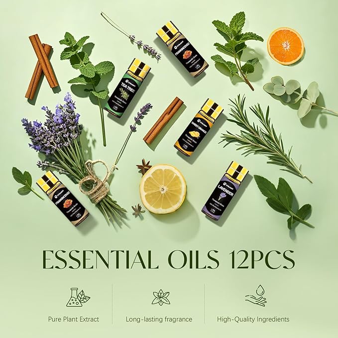 Top 12 Essential Oils Set, Pure Essential Oil for Diffuser, Humidifiers, Skin Care, Massage, Fragrance Oil Scent for DIY Candle and Soap Making, Gift for Friend