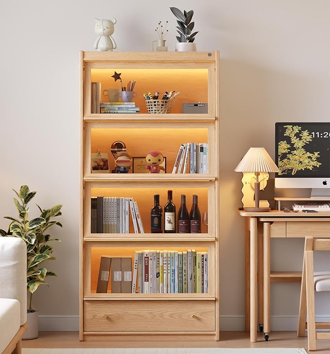 73" H Tall Solid Wood Bookcase with Flip-Up Tempered Glass Doors and 3 Color Led Lights,4 -Tier Wooden Bookshelf with 1 Drawer,Display Cabinet Kitchen Pantry for Living Room,Office