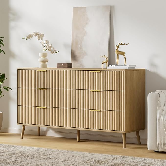 LYNSOM Fluted Dresser and Nightstand Sets 3 Piece, 6-Drawers Dresser and 1-Drawer Nightstands Set of 2, Wood Bedroom Furniture Set for Home, Bedroom, Hallway, Oak