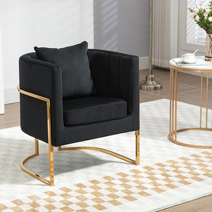 Velvet Modern Accent Chairs Set of 2, Upholstered Barrel Armchair Mid Century with Pillow for Living Room, Comfy Single Vanity Chair with Metal Gold Legs for Bedroom, Black