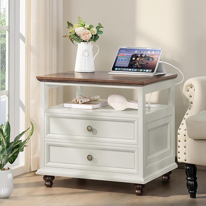 Farmhouse Nightstand with Charging Station, 24" Wide End Table with 2 Drawers,White Wood Dresser for Bedroom, Bed Side Table Chest of Drawers Cabinet,Night Stand for Living Room, Closet