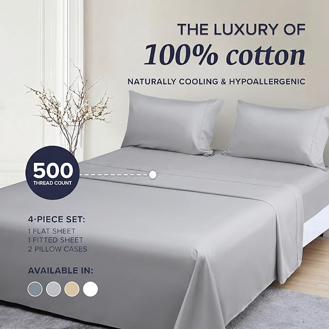 Beckham Hotel Collection King Sheet Set 100% Cotton, 500TC Luxury Sateen Bedding, 16” Deep Pocket, Moisture-Wicking, 4-Piece, Gray