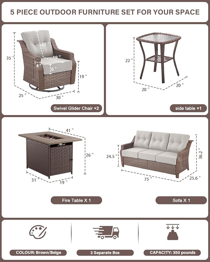 Belord Wicker Patio Furniture Set with 41” Fire Pit Table - Swivel Rocker Glider Outdoor Chairs with Sofa and Glass Top Side Table, All-Weather Removable 6" Beige Seat Cushion for Warm Patio Evenings