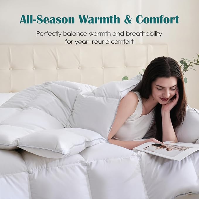Goose Feather Down Fiber Comforter King Size, 100% Cotton Cover Ultra Soft Fluffy King Duvet Insert, Luxurious Hotel Bedding Comforter for All Season, White 106"x90"