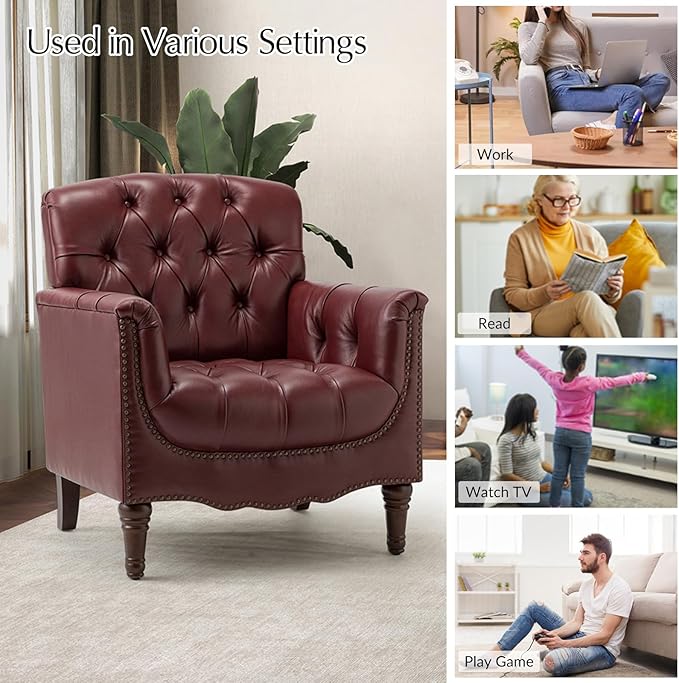 HULALA HOME Mid Century Modern Leather Club Chairs, Top-Grain Genuine Leather Armchairs with Button-Tufted Back & Solid Wood Legs, Accent Chairs for Living Room/Bedroom/Home Office, Burgundy