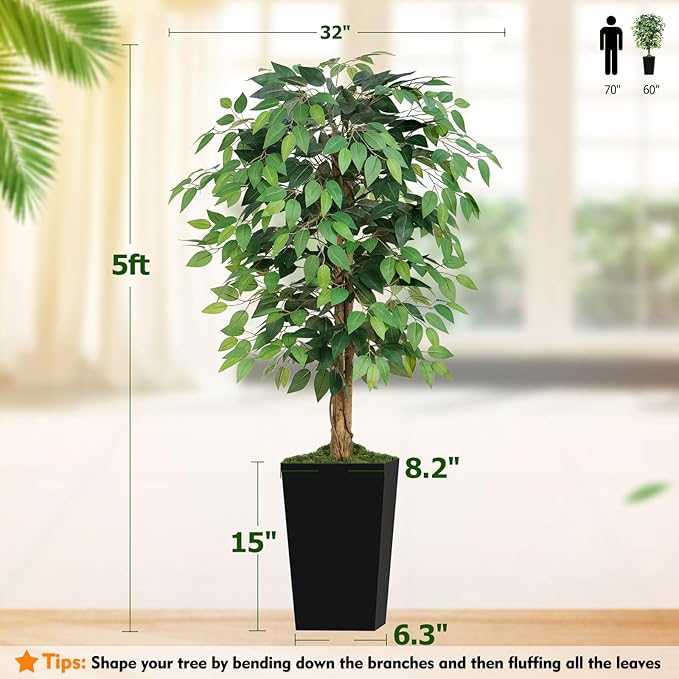 5ft Ficus Artificial Tree with 3 Natural Curved Trunks, 60" Tall Lush Faux Tree for Home Decor Indoor, Green Lifelike Fake Ficus Tree with Black Planter Pot