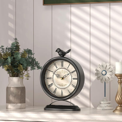 Vintage Table Clock with Bird, European Antique Style Black Mantel Clocks, Desk and Shelf Decor Clock, for Farmhouse, Bedside, Living Room, Bedroom, Gift (9" H x 6.5" W)