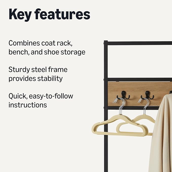 Amazon Basics Entry Bench with Hooks, Hall Tree with Shoe Storage Bench, Steel Frame, Oak Finish
