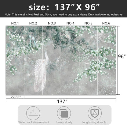 -Green Leaf Botanical Peacock Fabric Wallpaper Wallpaper Living Room Bedroom Bathroom Grey Plant Large Wall Mural- 137"x96"（ not Peel and Stick）