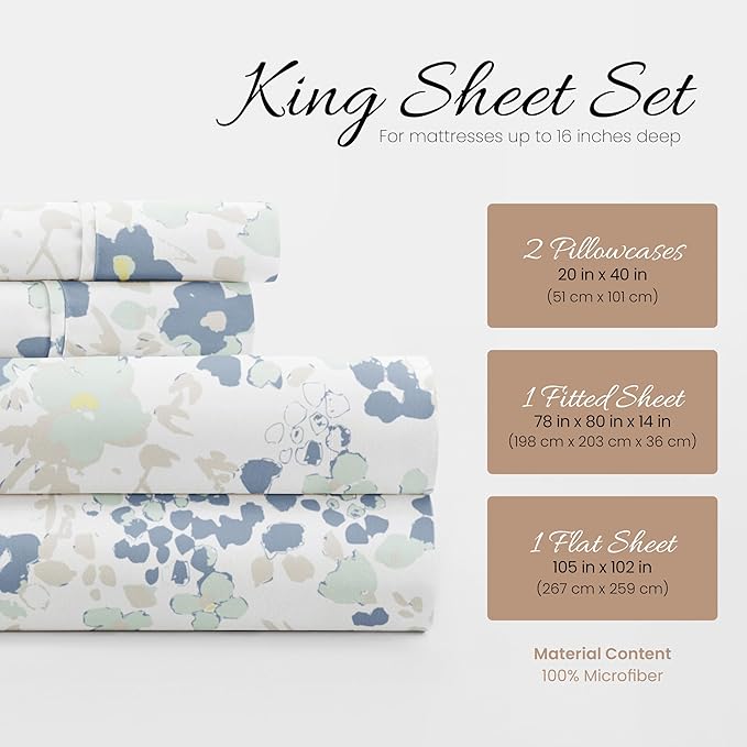 Linen Market Patterned Microfiber King Sheet Set 4 Piece – Oeko-TEX Certified Ultra Soft & Wrinkle-Free - 16" Deep Pocket Sheets - Easy Care King Size - Violets Light Blue
