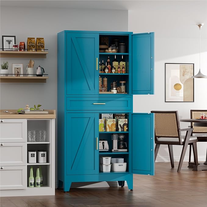 71" Tall Farmhouse Pantry Cabinet,Metal Cabinet with Adjustable Shelves and Doors,Storage Cabinet for Kitchen Garage,Blue