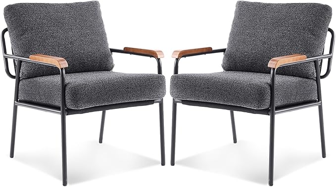 VINGLI Mid-Century Modern Accent Armchiars Set of 2 for Small Space, Small Comfy Upholstered Leisure Reading Chairs with Wood Armrests for Bedroom, Living Room, Waiting Room, Linen Grey