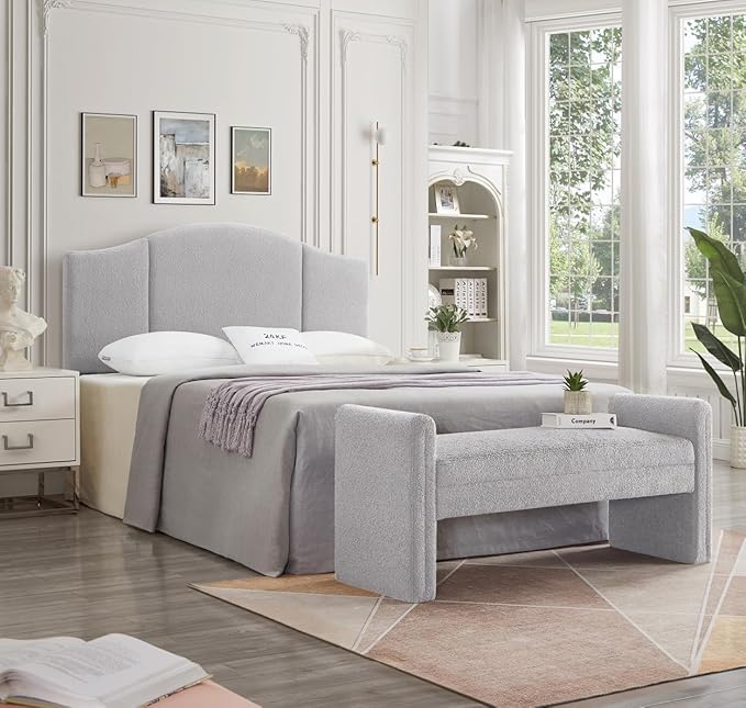 24KF Modern Upholstered Bed Bench Covered with Soft Boucle Teddy Fabric, Lovely Entryway Bench Ottoman with Armrest,5062-Gray