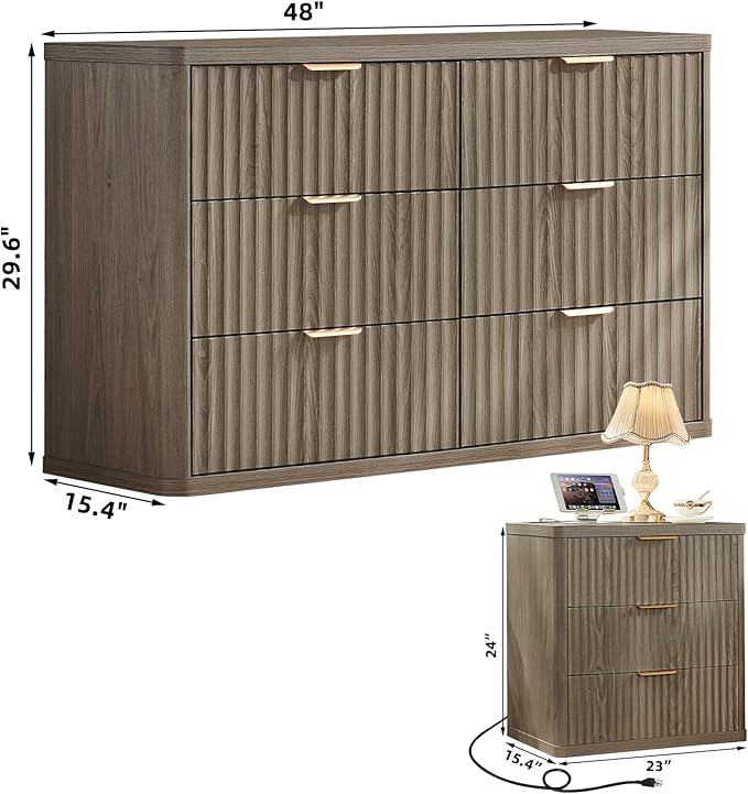 LEYAOYAO Fluted Dresser and 3 Drawers Nightstand Set of 2, Wood 48" Wide Dresser & 23" Night Stand with Charging Station, 3 Piece Bedroom Furniture Set, Chest of Drawers for Home,Living Room,Grey