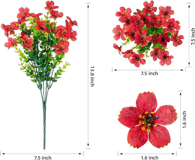 HyeFlora Artificial Flowers for Outdoor Indoor Garden Home Decoration, Faux Flower Daisy with Eucalyptus Leaves Fake Plants Greenery Boxwood Porch Patio, 12 Bundles (Red)