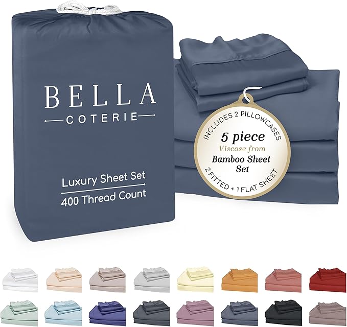 Bella Coterie Luxury Bamboo Viscose Split King Size Sheet Set | 2 Fitted Sheets for Sleep Number & Adjustable Beds | 100% Organically Grown | Cooling & Ultra Soft | 18” Deep Pocket [Slate Blue]