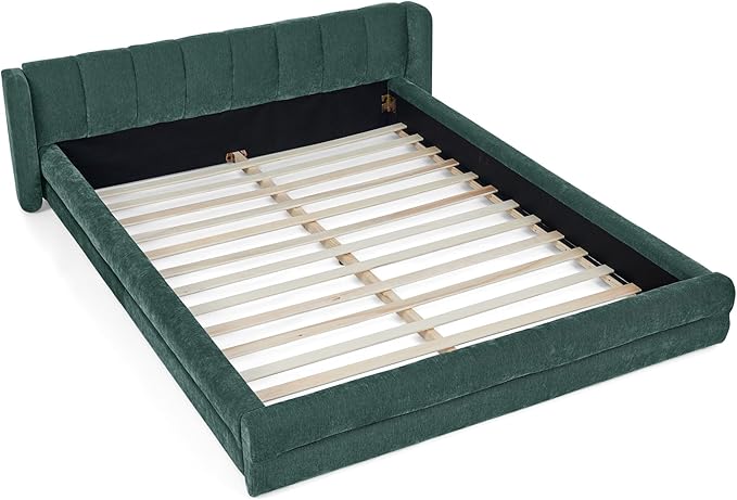 DEINPPA Queen Size Bed Frame with Cloud Soft Headboard, Chenille Upholstered Grounded Wood Base Bed Frame, No Box Spring Needed-Blue+Green