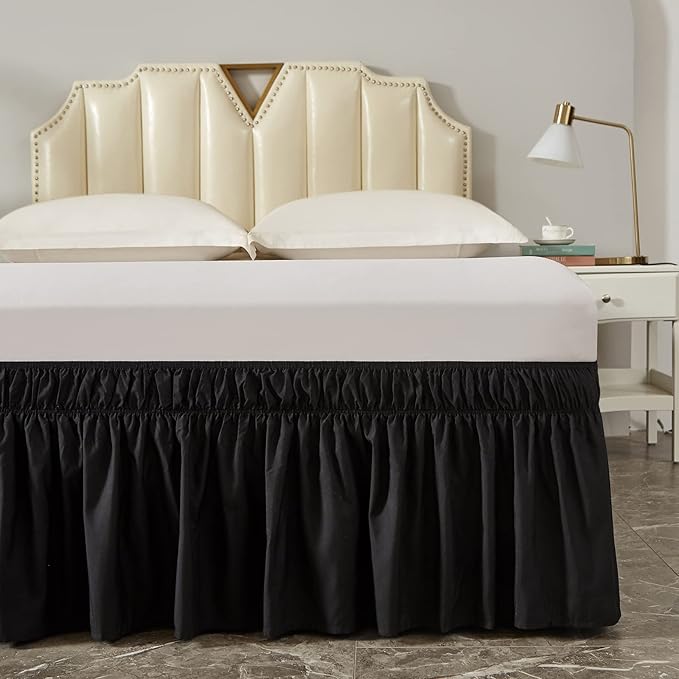 MEILA Wrap Around Bed Skirt Three Fabric Sides Elastic Dust Ruffled 18 Inch Tailored Drop,Easy to Install Fade Resistant-Black, Twin/Full
