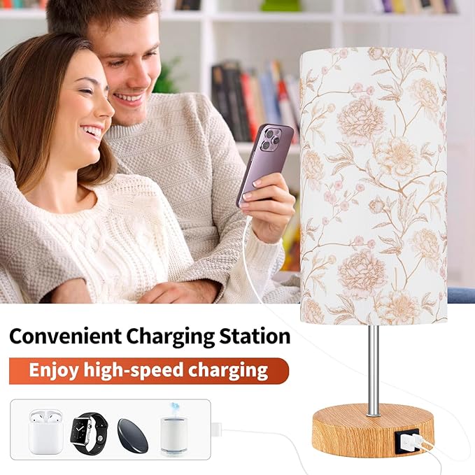 Bedside Touch Lamp, Wood Small Table lamp with 2 USB Charging Ports & Flower Fabric Shade, 3-Way Dimmable Nightstand Lamps for Living Room Bedroom Office Reading Desk Home Dorm Pink