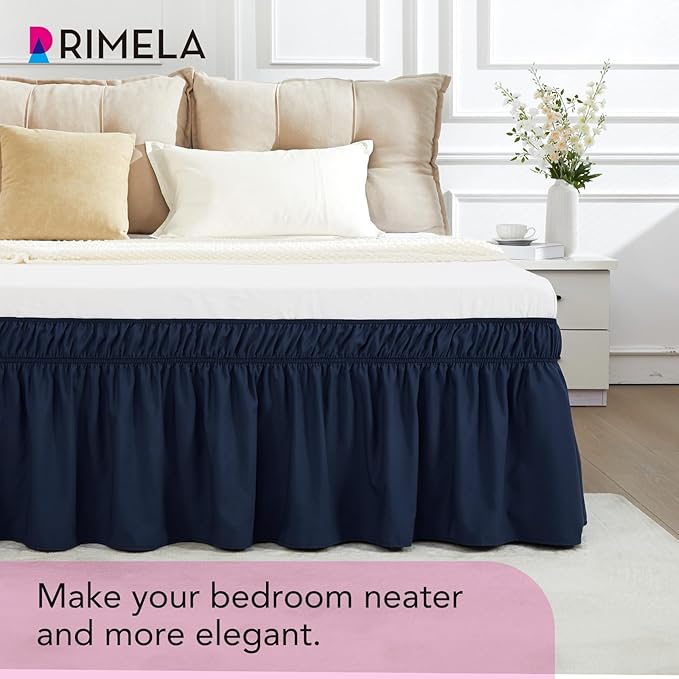 RIMELA Navy Blue Bed Skirt Queen Size 15 Inch Drop, Elastic Bed Skirting for Bed Base and Frame, Bedding Dust Ruffle Easy to Install, Lightweight Wrap Around Adjustable Bedskirt