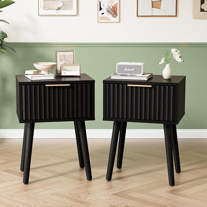 VINGLI Night Stand Set 2, Fluted Nightstands with Drawer, Mid Century Modern Nightstands Set of 2, Bedside Table, End Table, Wood Nightstand for Bedroom, Black, 15.75" W*11.81" D*21.85" H