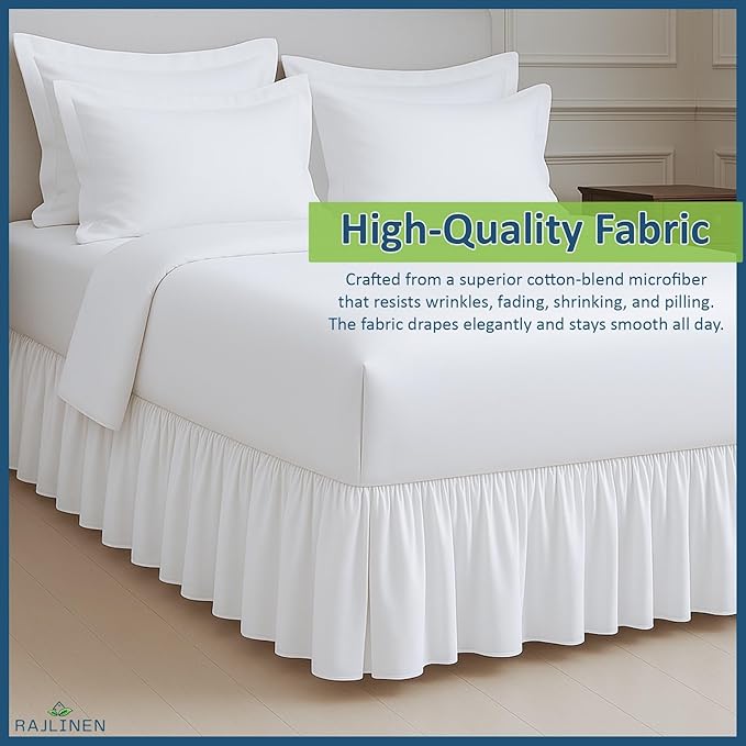 Rajlinen Ruffled Bed Skirt California King, 16 Inch Drop Dust Ruffle with Split Corners, 100% Microfiber Bedskirt with Platform, Three-Sided Coverage Ruffled Gathering Design, White