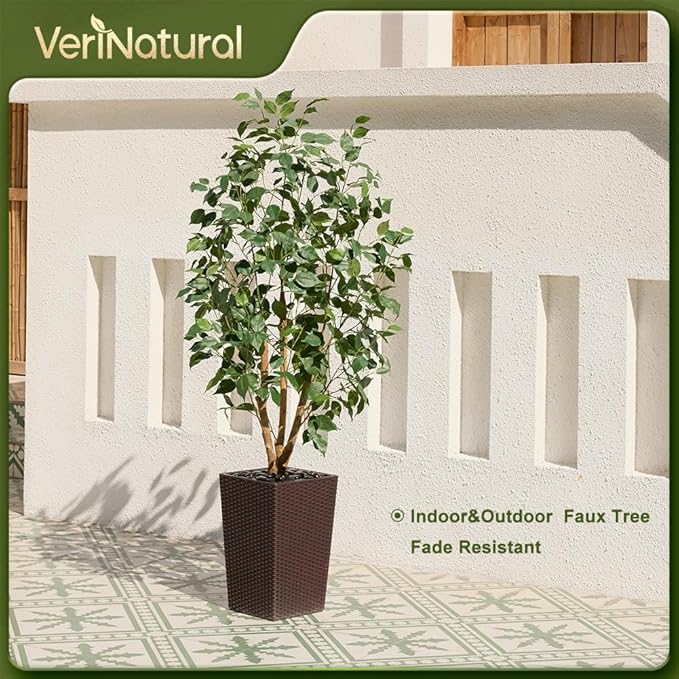 5ft Artificial Ficus Tree,Tall Faux Tree with Silk Leaves & Real Wood Trunk,UV Resistant Potted Fake Plant with Pebbles & Planter,Indoor Outdoor Floor Plant for Home,Living Room,VN129