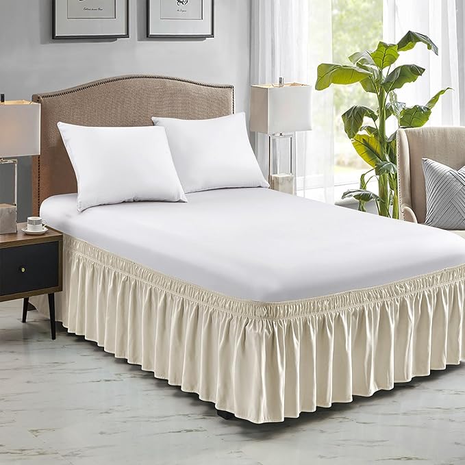 FreshCulture Elastic Wrap Around Bed Skirt - Easy Fit with 22-Inch Tailored Drop, Hotel Quality Dust Ruffle for Full Size Bed (Cream)