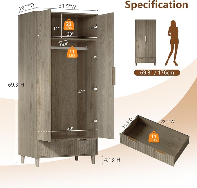 VINGLI Fluted Armoire Wardrobe Closet Wooden with Doors and Drawers, Wardrobe Cabinet with Hanging Rack, Bedroom Closet Wood, Free Standing Armoire with Shelf and Solid Wood Legs, Grey