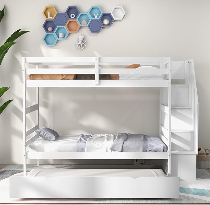 KOTEK Twin Over Twin Bunk Bed with Trundle and Stairs, Solid Wood Bunk Bed Frame with Storage Shelf, Bunk Beds Detachable into 2 Platform Beds for Kids Teens Adults (White)