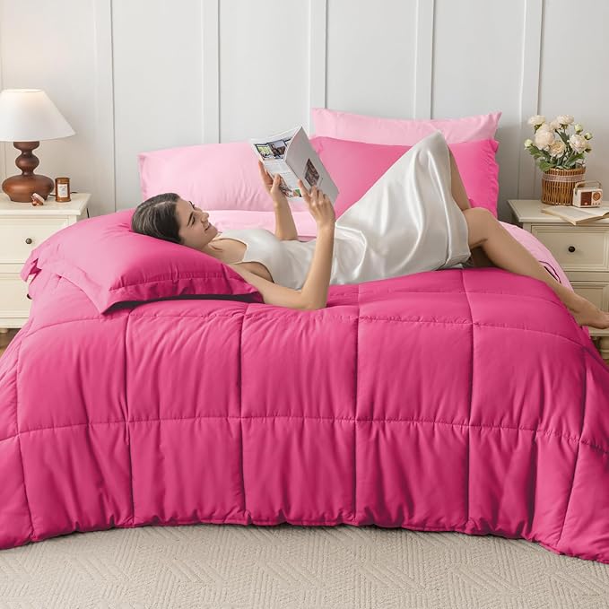 JOLLYVOGUE Twin Comforter Set, Ultra-Soft Bed in a Bag Twin Size 5 Pieces, Oeko-TEX Certified Bedding Set with Down Alternative Comforter, Sheets, Pillowcases & Shams, Hot Pink & Baby Pink