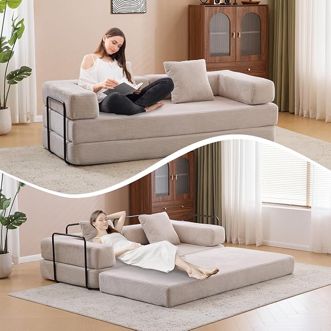 4-in-1 Convertible Folding Sleeper Sofa Bed, Fold Out Floor Sofa Couch with Fixed-Shape Frame, Cloud Corduroy Foldable Mattress Couch for Living Room Bedroom (78.5" Corduroy,Light Grey)