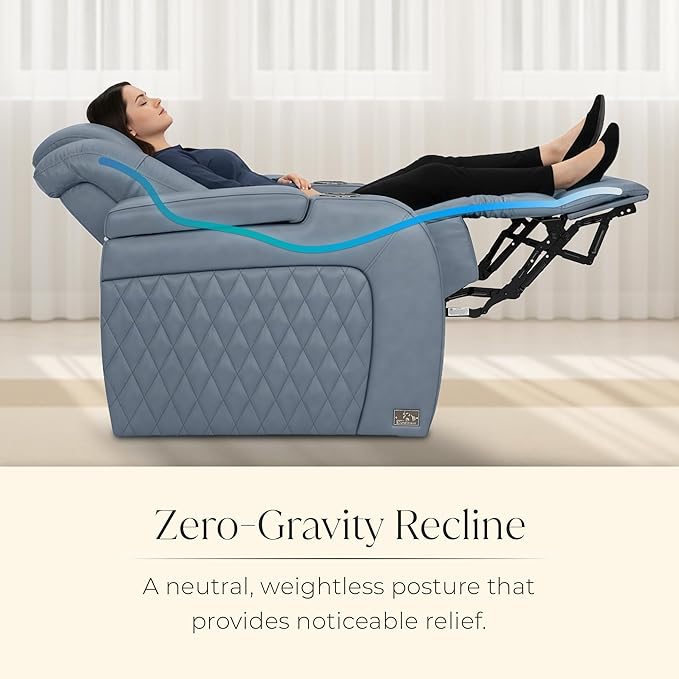 Seatcraft Diamante Zero-Gravity CoolZero Italian Leather Home Theater Seating, Power Headrest, Power Recline, Row of 3 Sofa, Smokey Blue