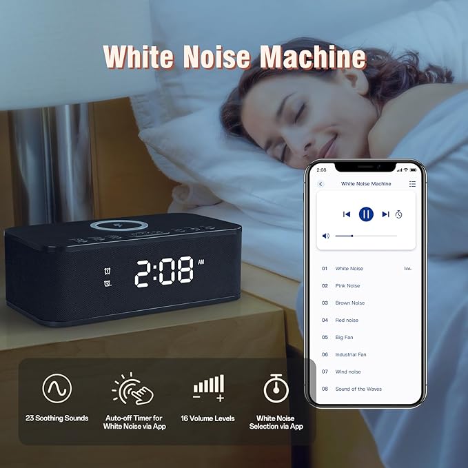 Dual Alarm Clock Radio Bedroom, Digital Alarm Clocks Bedrooms Bluetooth, Up to 10 Bedroom Alarms Clock White Noise 23 Soothing Sounds App/Button Control Snooze 12/24H FM Speaker Charging, Black