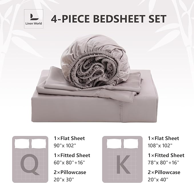 Linen World Queen Size 400TC Cooling Bed Sheet Set - 100% Organically Grown Viscose Sheets, Silky Soft & Breathable, Deep Pocket Fits Up to 16", 4-Piece Sheets with Pillowcases, Mauve