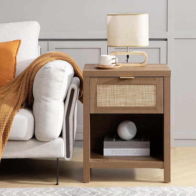 SICOTAS Rattan Nightstand - Farmhouse Night Stand with Drawer and Storage Shelf - Boho Bedside Table - End Side Table for Bedroom,Oak